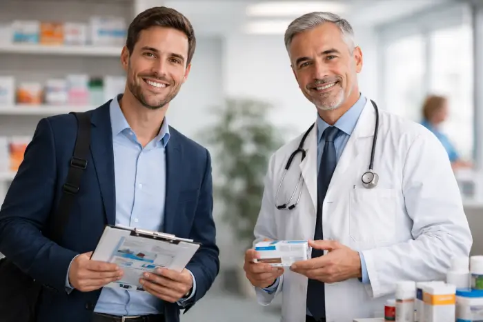 Visitador médico conversando con un médico en consultorio